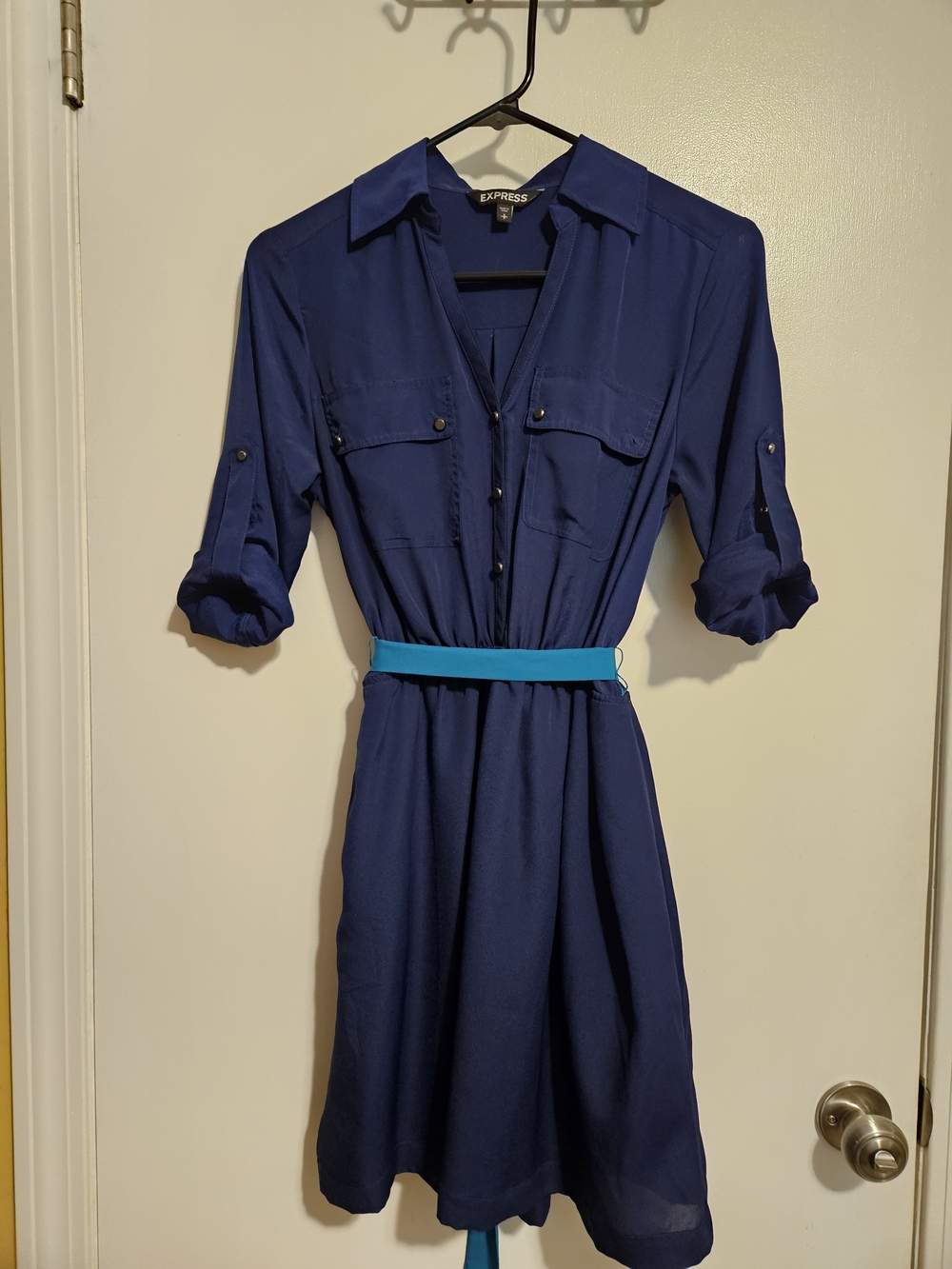 Express Navy Midi Shirt Dress with Teal Belt